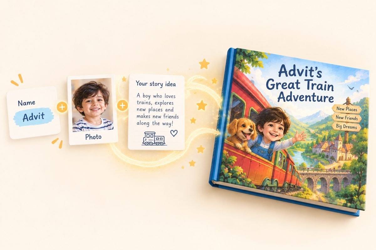 Story idea, name and photo creating a custom children's book
