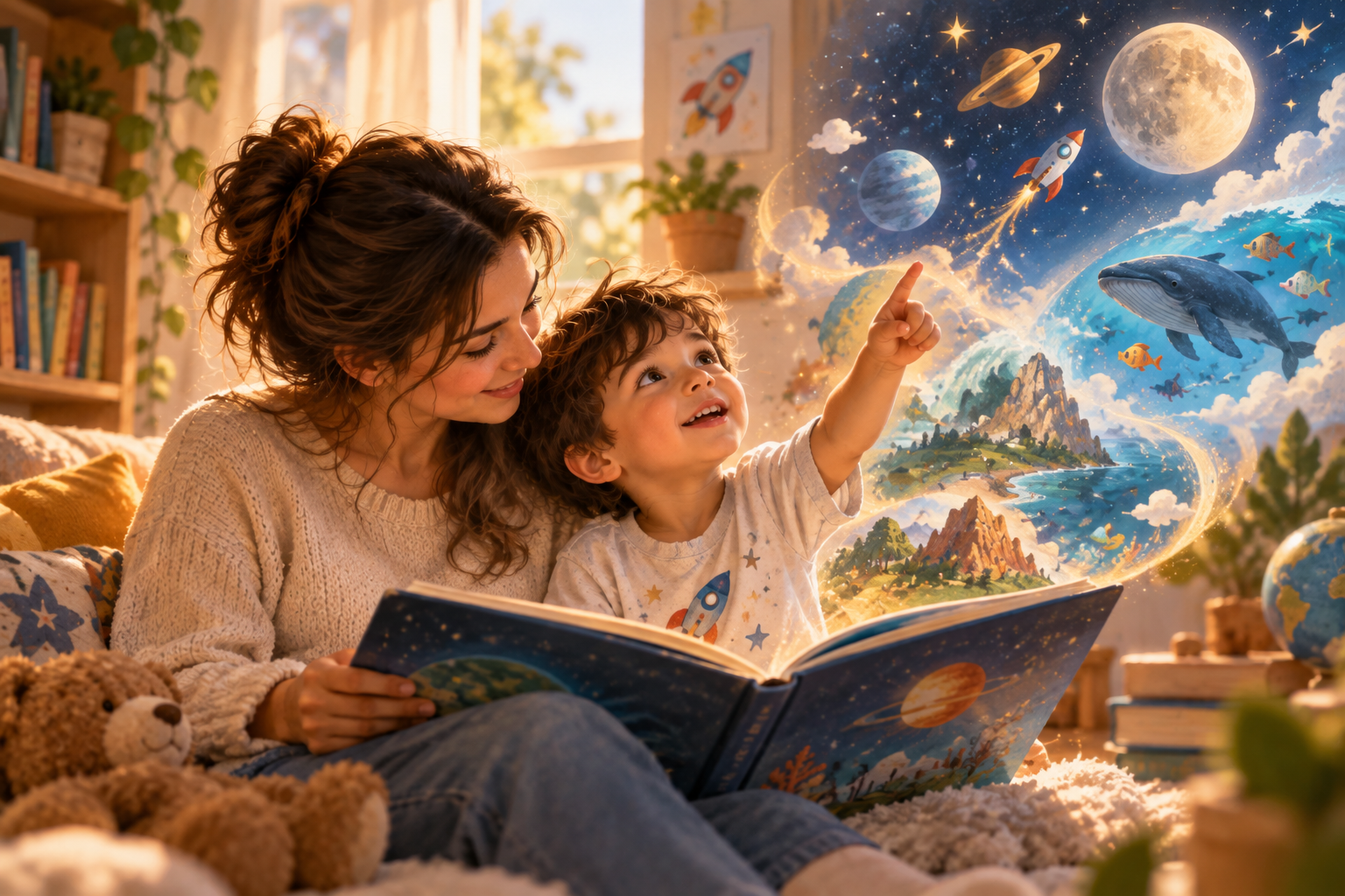 A mother reading a Brambix book with her curious son