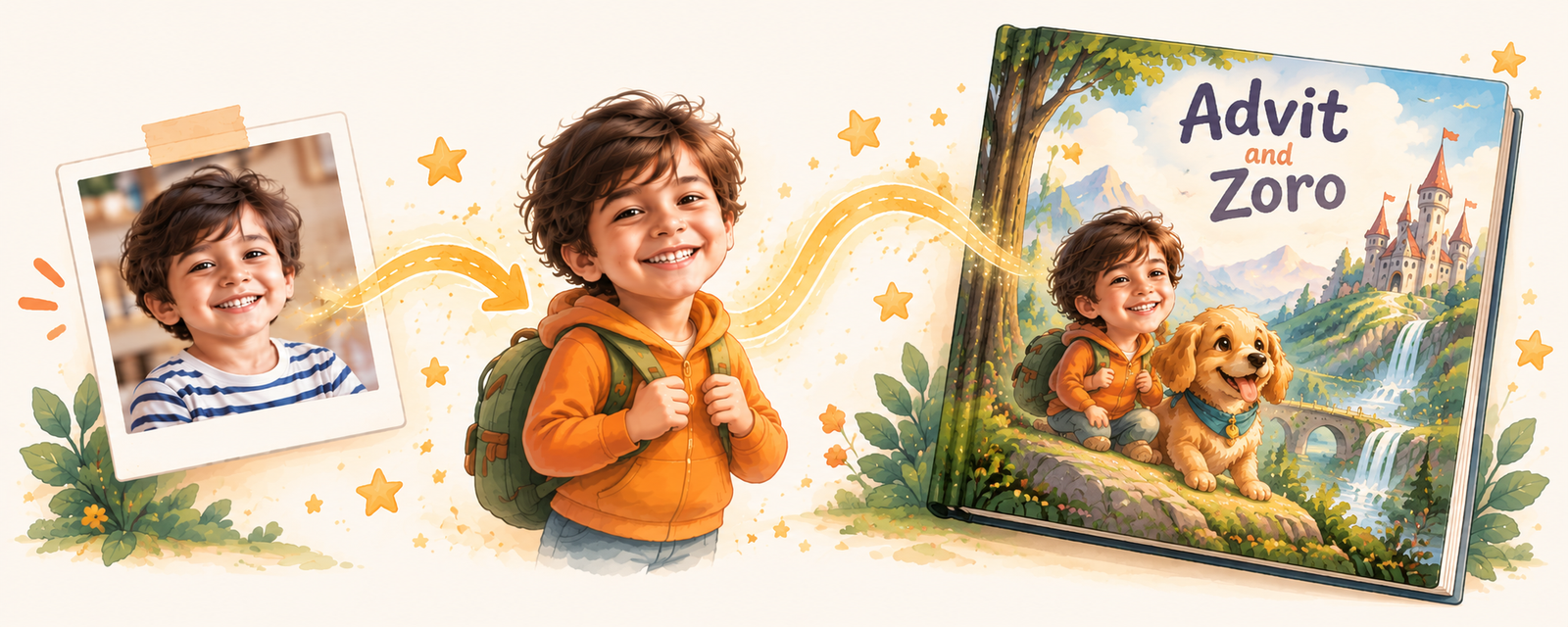 A child's photo becoming an illustrated character in a storybook