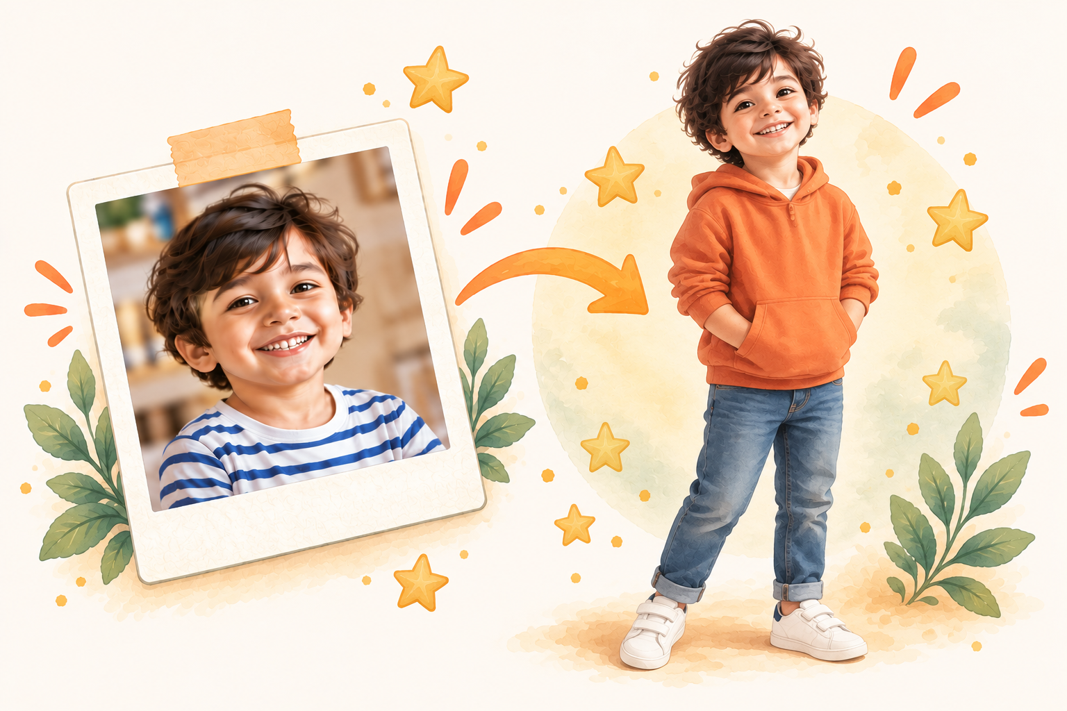 A photo of a child alongside their illustrated character